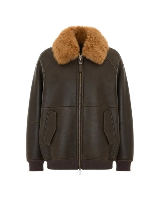 Brunello Cucinelli Brown Shearling-Collar Leather Jacket
