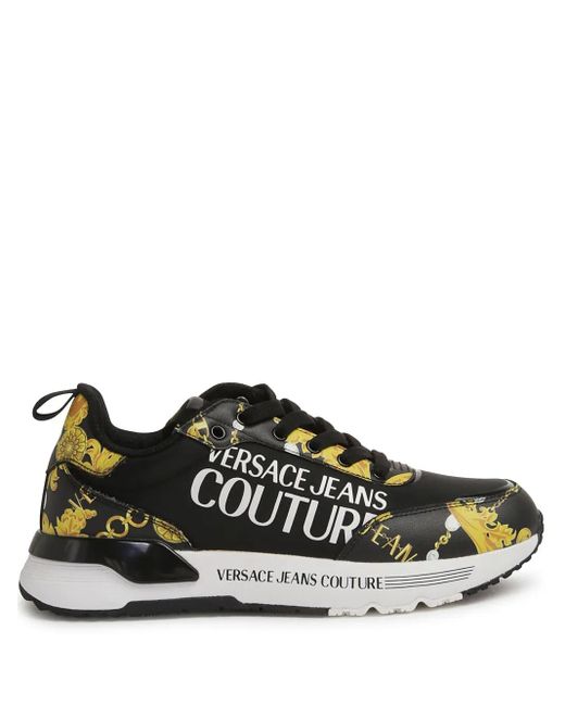 Versace Jeans Couture Black Baroque-Print Leather Lace-Up Sneakers