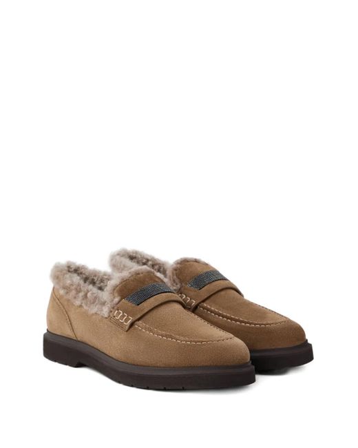 Brunello Cucinelli Brown Shearling-Trimmed Penny Loafers