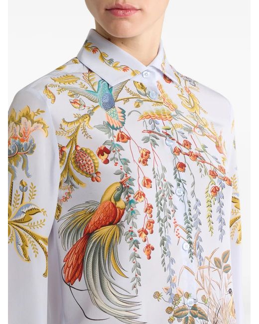 Etro White Silk Shirt With Placed Flora And Fauna Print
