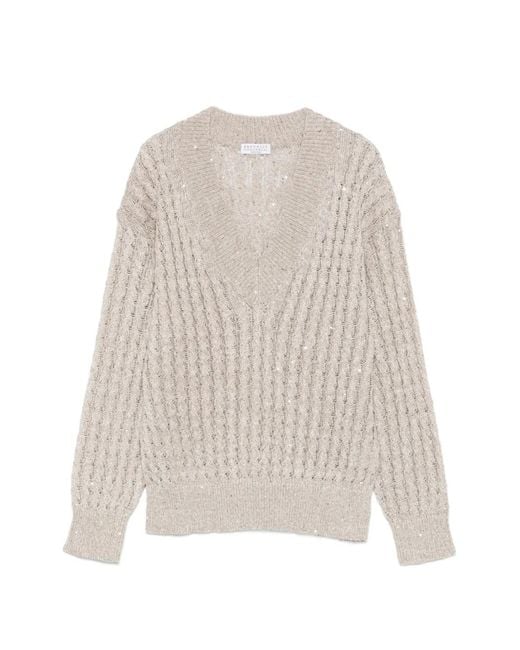 Brunello Cucinelli White Sequin-Embellishment V-Neck Sweater