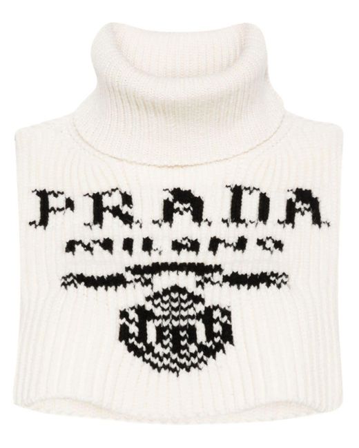 Prada White Intarsia-knit Logo Neckwarmer