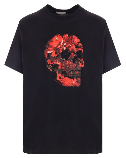 Alexander McQueen Black Wax Flower Skull Cotton T-shirt for men