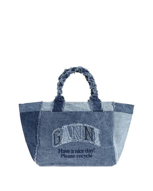 Ganni Blue (Removed) Organic Cotton Denim Tote Bag With Front Logo