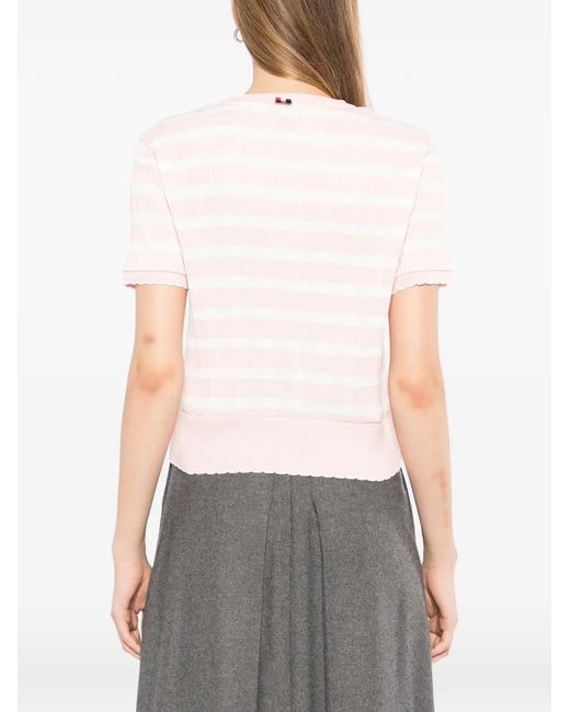 Thom Browne Pink Logo-Patched Striped T-Shirt