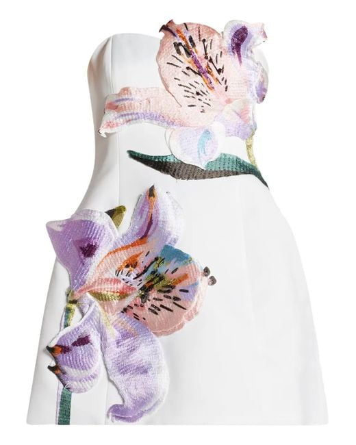 LEO LIN White Rosario Floral-Appliqué Strapless Dress