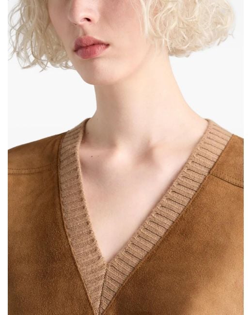 Prada Brown Suede-Panel V-Neck Sweater