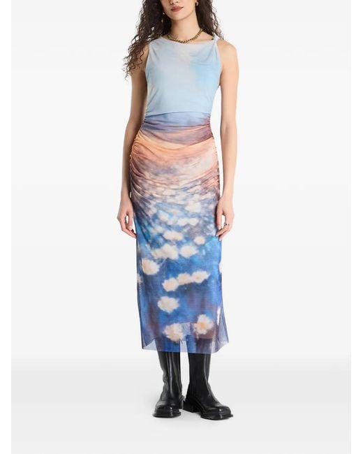 Desigual Blue Robe Froncée À Imprimé Nuage