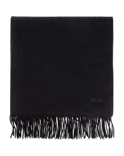 Max Mara Black Embroidered-Logo Fringed Wool Scarf