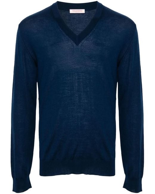 Valentino Garavani Blue V-Neck Virgin-Wool Jumper for men