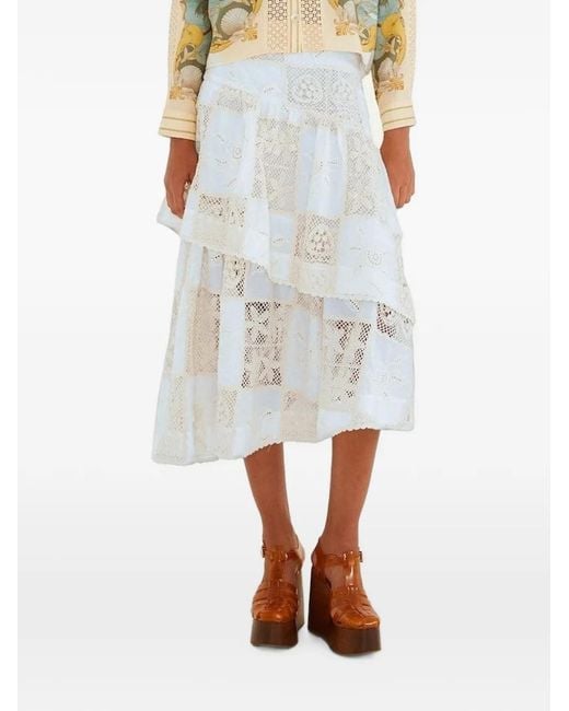 Farm Rio White Patchwork-Lace Tiered Midi Skirt