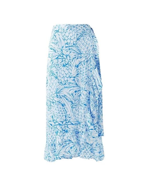 Melissa Odabash Blue Midi Pineapple-Print Ruffled Skirt