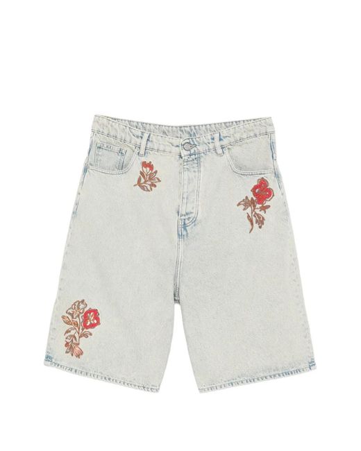 Drole de Monsieur White Floral-Embroidered Denim Shorts for men