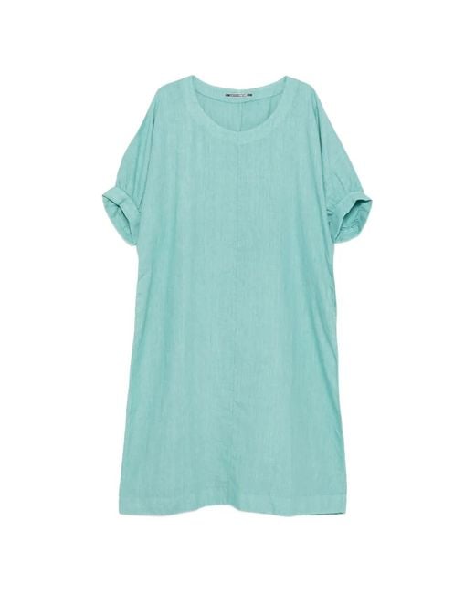 European Culture Blue Cuffed Short-Sleeve Dress