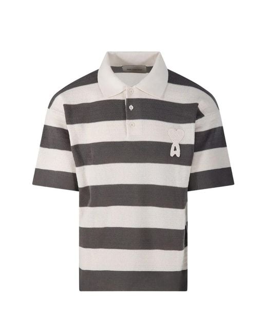 AMI Gray Ami De Coeur Striped Polo Shirt for men