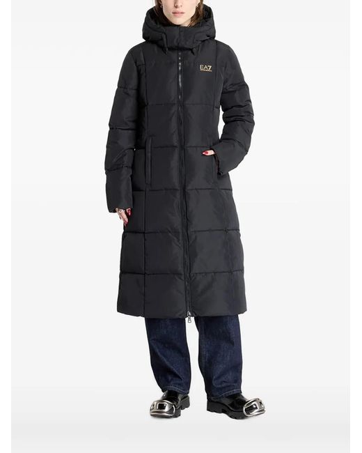 EA7 Black Quilted Hooded Coat