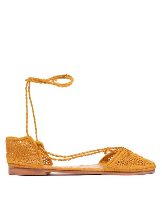 SLO_HAND_MADE Metallic Lace-Up Raffia Flat Espadrilles