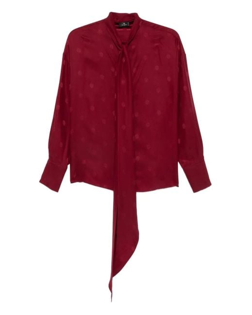Etro Red Dotted-Print Tie-Neck Blouse
