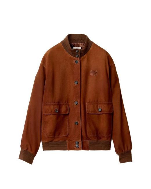 Miu Miu Brown Logo-Detail Suede Jacket