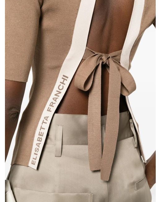 Elisabetta Franchi Natural Knit Fabric Top With Shiny Viscose Bands