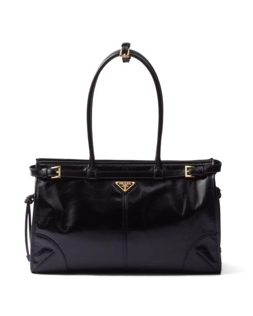 Prada Black Large Enamel Triangle Logo Belted Handbag
