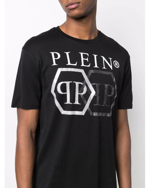 Philipp Plein Black Hexagon Crystal Logo T-Shirt for men