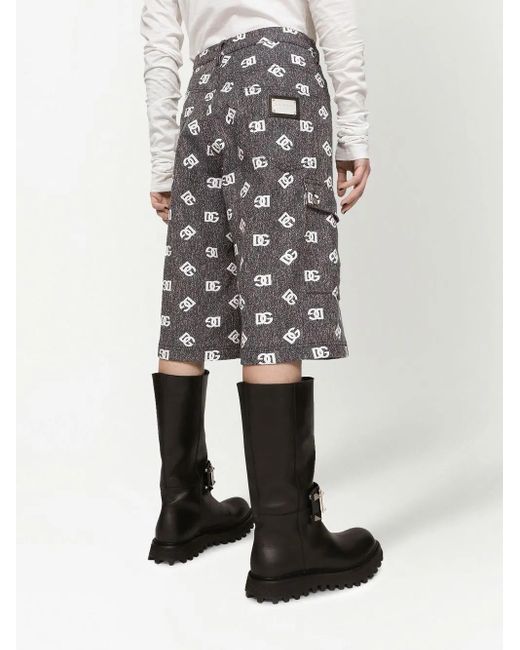 Dolce & Gabbana Gray Logo-Print Denim Cargo Shorts for men