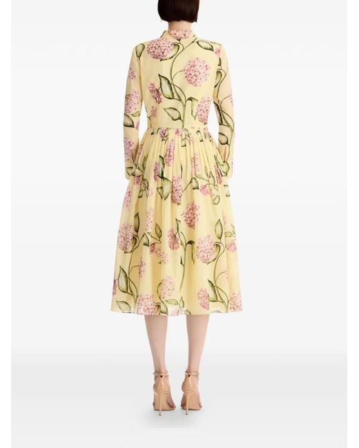 Oscar de la Renta Metallic Porcelain Flower Cotton Poplin Long-Sleeve Dress