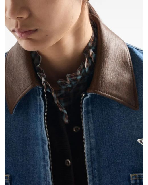 Veste En Jean À Col En Cuir Prada en coloris Blue