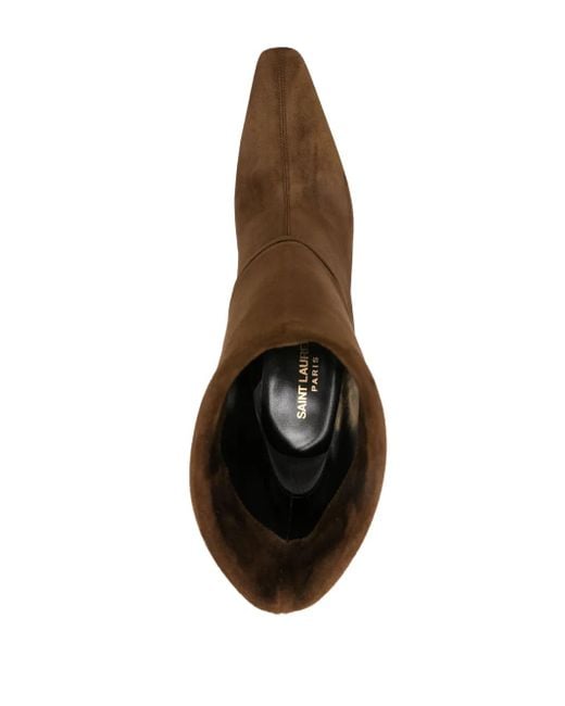 Saint Laurent Brown Suede Stiletto Boots With Metal Monogram