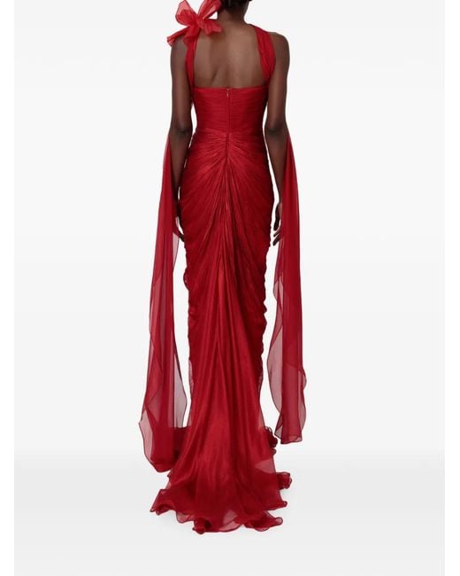 IRIS SERBAN Red Ruched Floral-Detail Maxi Dress