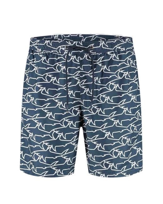 Paul & Shark Blue Shark-Print Swim Shorts for men