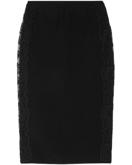 Versace Black Floral-embroidered Pencil Midi Skirt