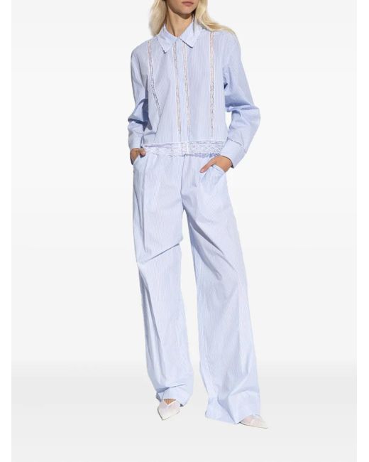 LoveShackFancy Blue Striped-Pattern Lace-Trimmed Trousers