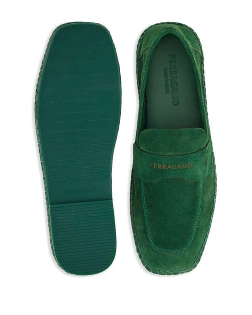 Ferragamo Green Logo-debossed Suede Loafers for men
