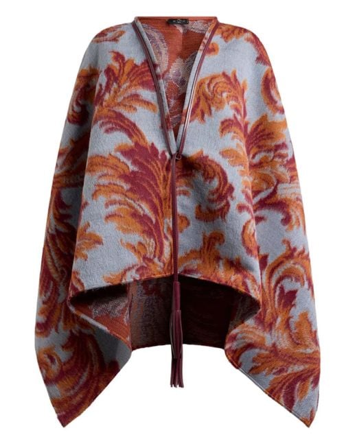 Etro Red Leaf-Jacquard Tassel Cape
