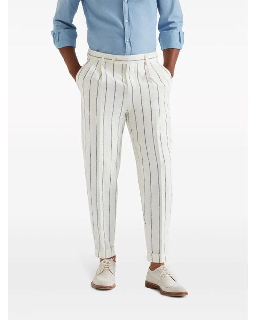 パンツ Brunello Cucinelli Striped Linen And Cotton Trousers BRUNELLO CUCINELLI Cropped striped linen and cotton-blend