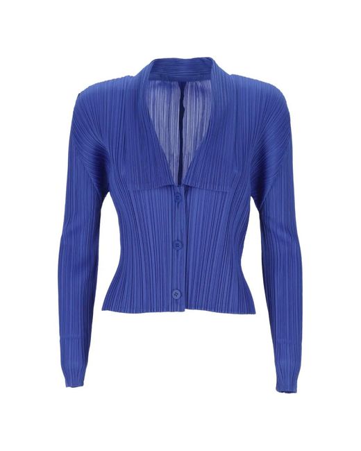 Pleats Please Issey Miyake Blue Pleated V-Neck Sweater