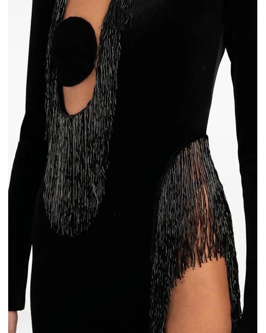 Ana Radu Black Fringe-Detailed Side-Slit Maxi Dress
