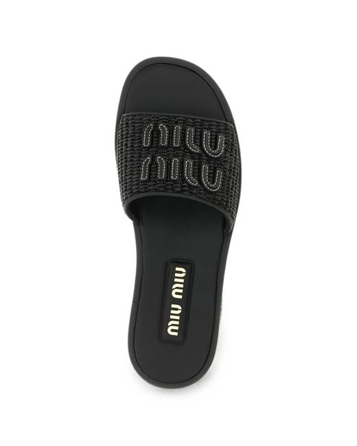Miu Miu Black Logo-Patch Woven Slides