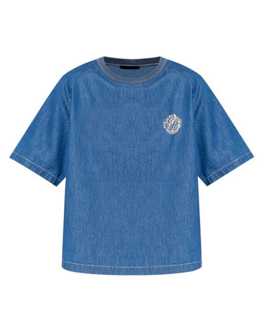 Camiseta vaquera con logo bordado Emporio Armani de color Blue