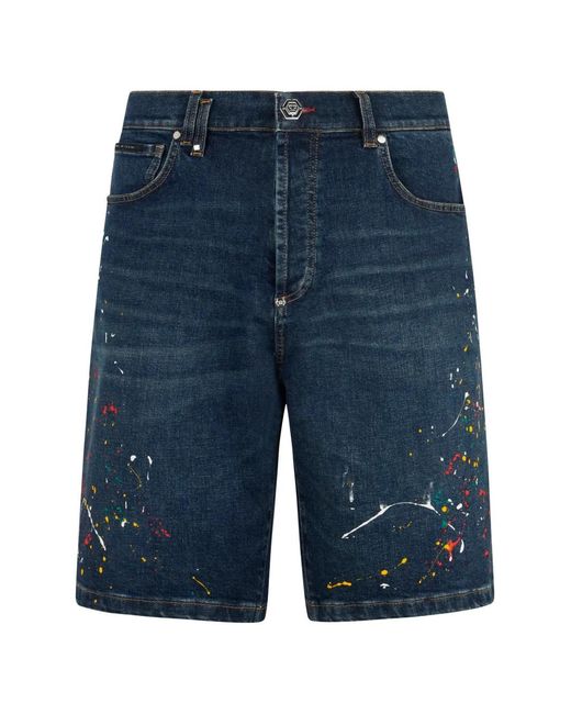 Philipp Plein Blue Paint-Splatter-Effect Denim Shorts for men