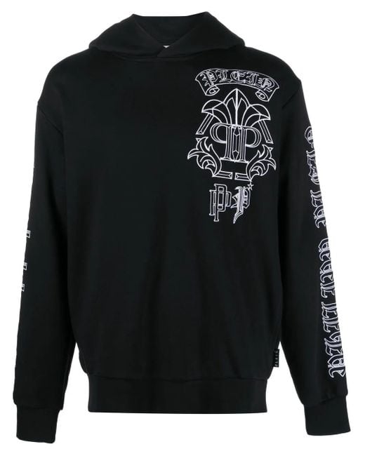 Philipp Plein Black Skull-Print Logo-Embroidered Hoodie for men