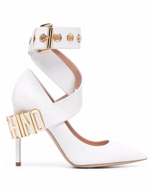 Moschino White Logo Buckle-strap Pointed-toe Pumps