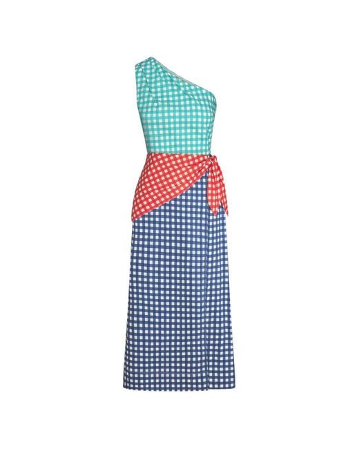 Simon Miller Blue Belem Gingham-Check One-Shoulder Midi Dress