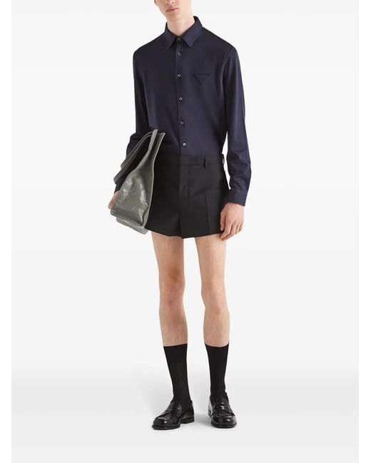 Prada Blue Logo-Patch Cotton Shirt for men