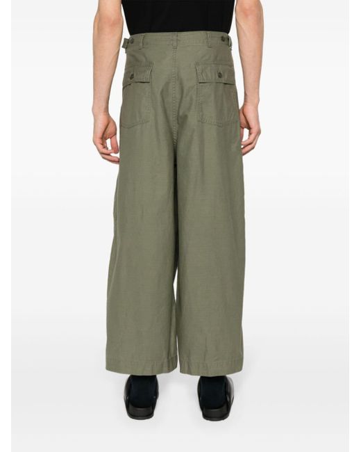Needles Green Wide-Leg Cropped Cotton Trousers for men