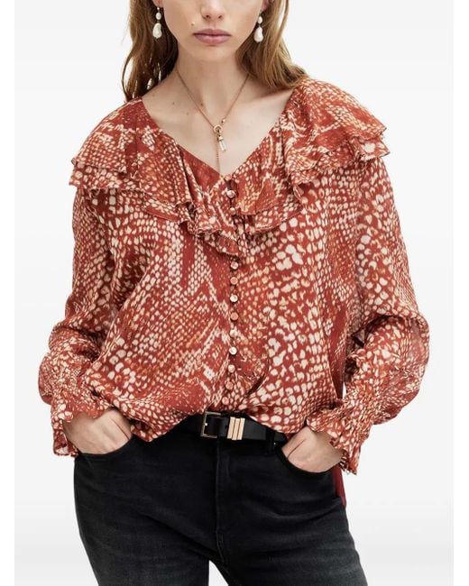 AllSaints Red Phoebe Ruffle-Detail Snake-Print Top
