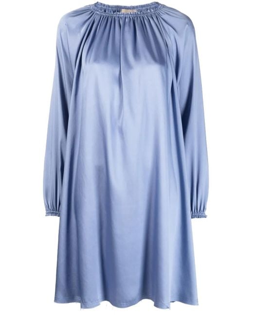 Blanca Vita Blue Gathered-Detail Long-Sleeve Dress