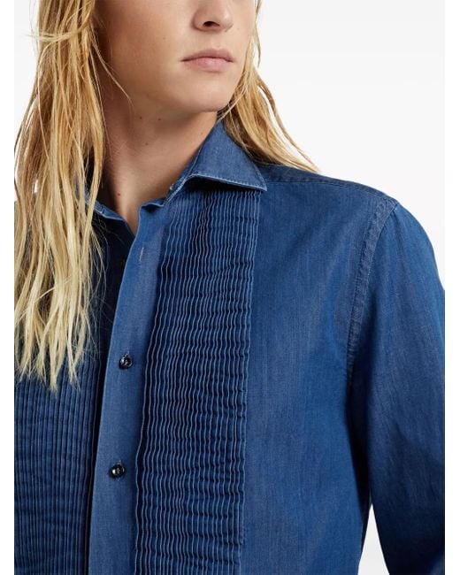 Brunello Cucinelli Blue Denim Pleated-Bib Tuxedo Shirt for men